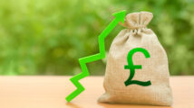 Money bag with pound sterling symbol and green up arrow
