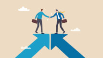 Cooperation partnership, work together for success, team collaboration, agreement or negotiation, collaborate concept, businessmen handshake on growth arrow joining connection agree to work together.