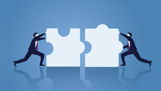 Vector illustration. Team work business concept. Two businessman working on to match puzzle. Pushing to connecting puzzles together.