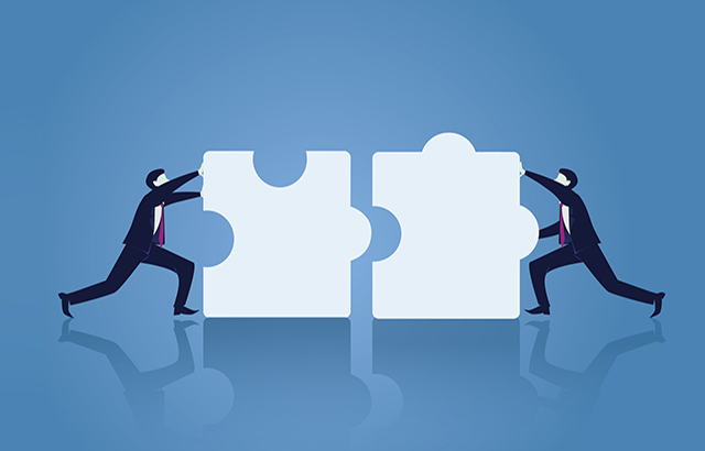Vector illustration. Team work business concept. Two businessman working on to match puzzle. Pushing to connecting puzzles together.