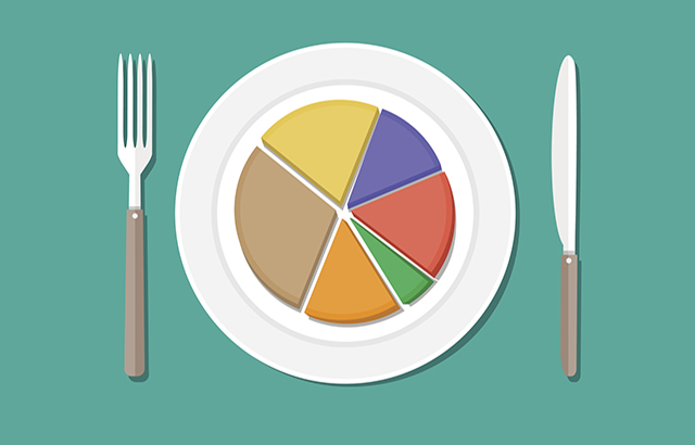 Colorful business chart pie on plate with fork and knife. Business lunch.