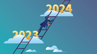 Business man climbs the ladder from 2023 to 2024