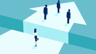 Gender discrimination in corporate culture concept. Vector of businesswoman lagging behind businessmen and divided by gap.