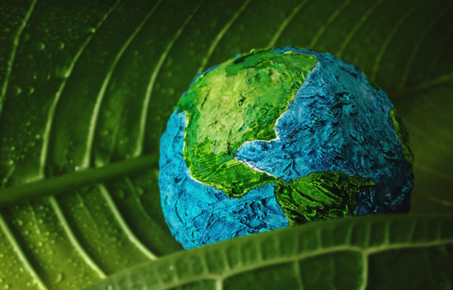 World Earth Day Concept. Green Moisture Leaf with Droplet Water Embracing a Handmade Globe. Environment to Love and Care