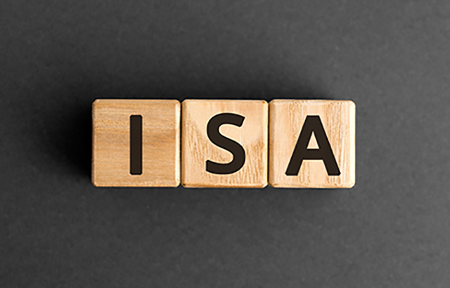 ISA - acronym from wooden blocks with letters, ISA Individual Savings Account concept (Industry Standard Architecture ), top view on grey background