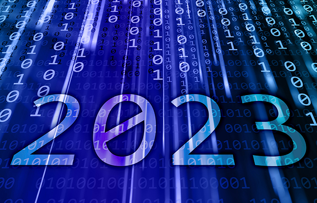 2023 text written on a blue flowing binary code background. New Year 2023 celebration concept.