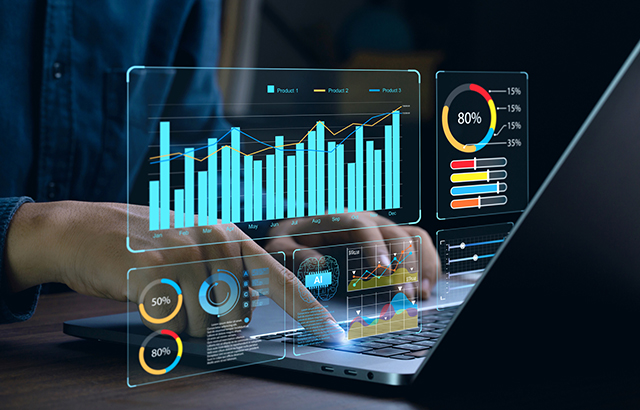 Businessman works on laptop Showing business analytics dashboard with charts, metrics, and KPI to analyze performance and create insight reports for operations management. Data analysis concept.Ai