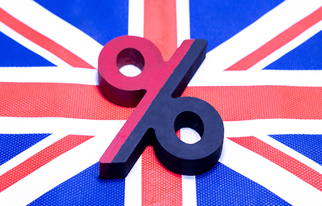 A percentage symbol in front of a British flag.